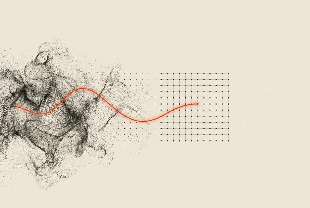 A field of particles resolving from turbulent noise into an ordered lattice, traced by a single line.